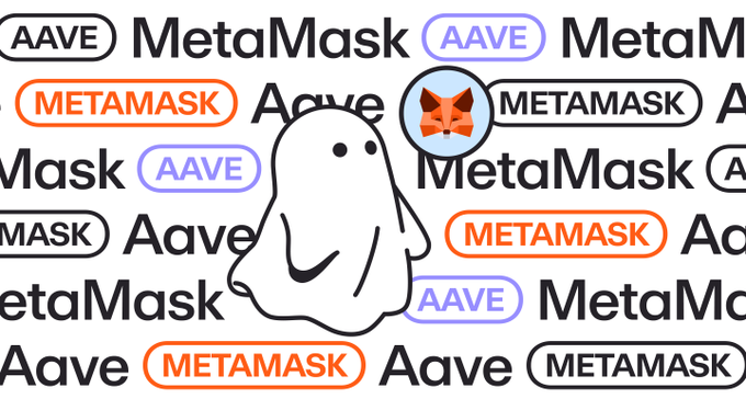 A ghost-like cartoon figure with a MetaMask fox logo floats against a white background tiled with the words 'MetaMask', 'AAVE', and 'METAMASK' in various styles.