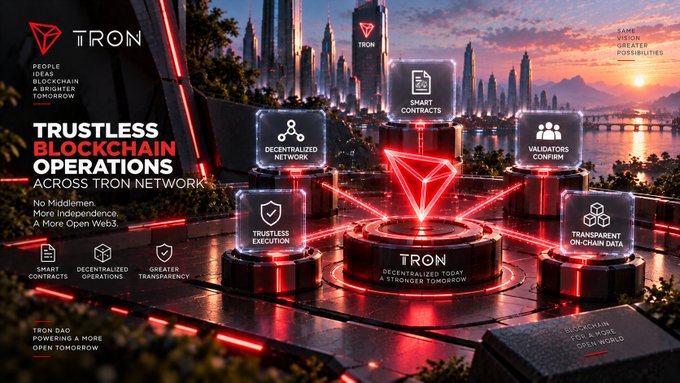 A futuristic promotional graphic for 'TRON' highlighting 'TRUSTLESS BLOCKCHAIN OPERATIONS ACROSS TRON NETWORK' with features like smart contracts, decentralized networks, and transparent on-chain data.
