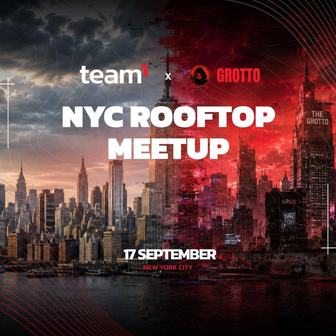 A promotional poster for a 'NYC ROOFTOP MEETUP' on 17 September in New York City, co-hosted by team1 and GROTTO, featuring a red-toned New York skyline with The Grotto building.