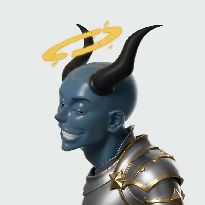 A 3D-rendered blue-skinned demon with curved black horns, a sly grin, and an upside-down golden halo above its head, wearing silver and gold armor, reflecting the "Ungodly" theme of fallen angels from the NFT giveaway.