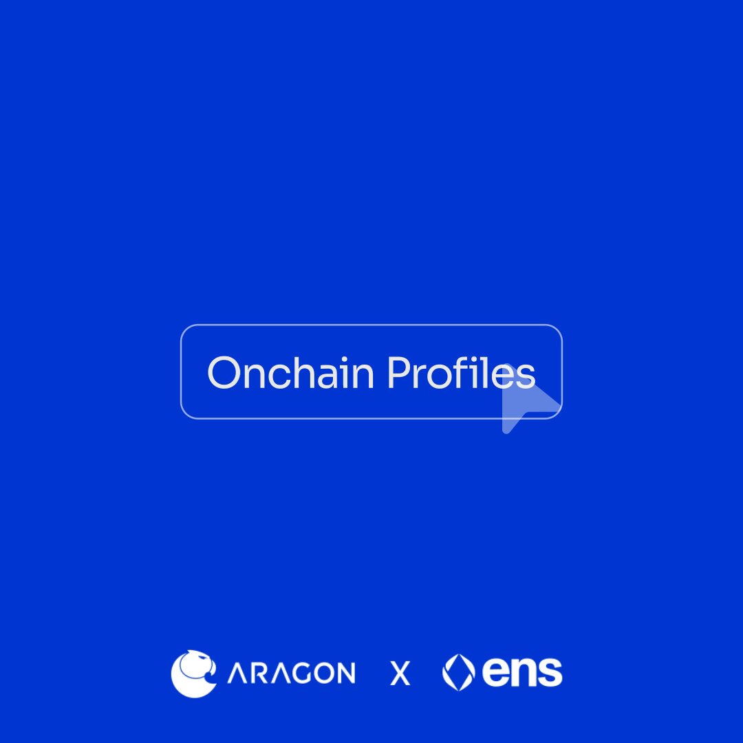 The image features a blue background with white text that reads "Onchain Profiles" and an arrow pointing to the left, suggesting that the text is meant to be read from left to right. Below this, there are two logos for Aragon X and Ens, indicating that these companies are involved in the development of onchain profiles. The image also includes a white logo with a mouse icon, which could represent a navigation bar or menu button within an app.