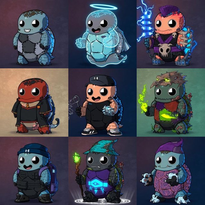 A 3x3 grid of nine illustrated character variations featuring cute turtle-like creatures in different costumes including a wizard, angel, barbarian, mage, rogue, druid, beanie-wearing character, warlock, and monk.