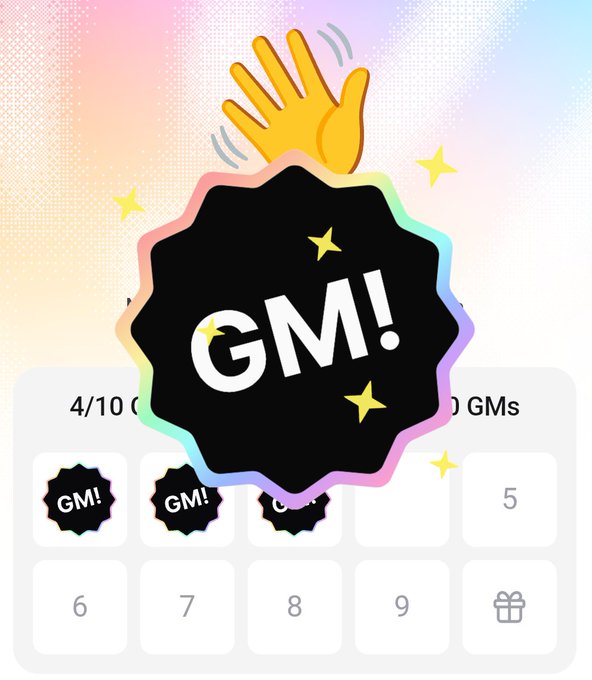 A digital interface showing a calendar app with a large black badge reading 'GM!' being awarded by a yellow waving hand emoji, with smaller 'GM!' badges filling daily streak slots.