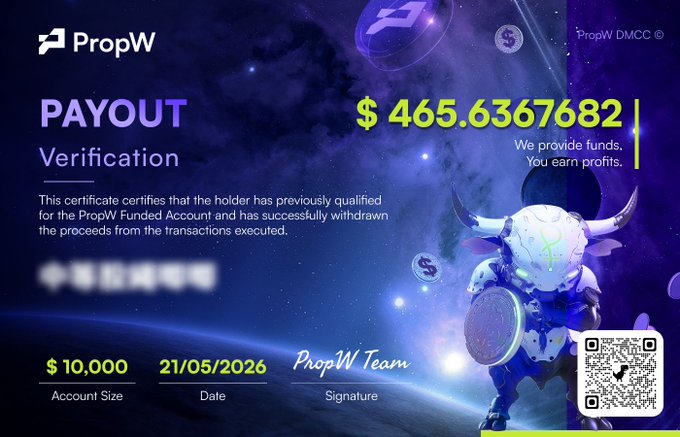 In the image, a poster is displayed with a blue background featuring an image of a robot wearing a helmet. The poster includes text such as "Payout Verification", which refers to a payment system for a video game character, specifically involving funds drawn from the PropW trading platform. The main visual element on the poster is the robot figure wearing a helmet and standing against a backdrop that depicts a space-like scene with stars and planets.