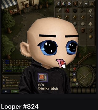 A chibi-style cartoon character with an oversized bald head and big blue eyes sticks its tongue out, wearing a black shirt that reads "it's bankr bish", overlaid on a RuneScape game screenshot labeled "Looper #824".