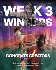 A competition announcement poster titled 'WEEK 3 WINNERS' featuring silhouette figures and the text 'CONGRATS CREATORS'.