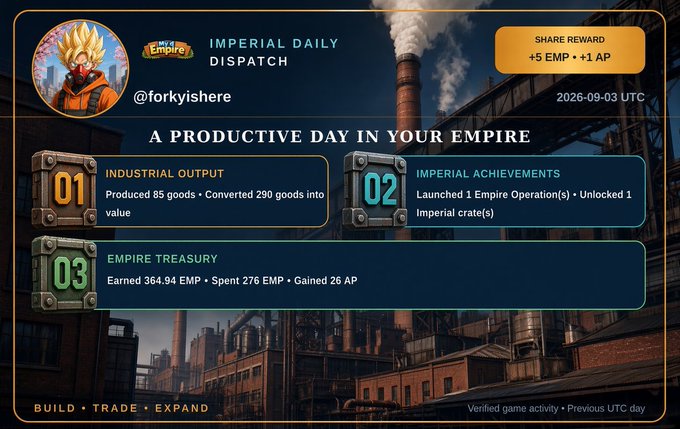 An 'Imperial Daily Dispatch' graphic for the 'Empires' game, dated 2026-09-03 UTC, featuring user @forkyishere and sections for 'Industrial Output,' 'Imperial Achievements,' and 'Empire Treasury' with share rewards of +5 EMP and +1 AP.