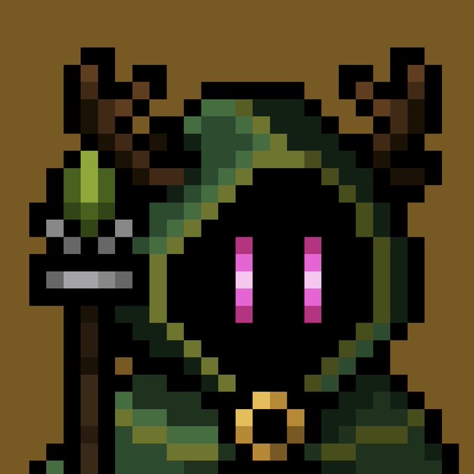 A pixel art character with green and black coloring, pink eyes, and horn-like protrusions on a brown background.