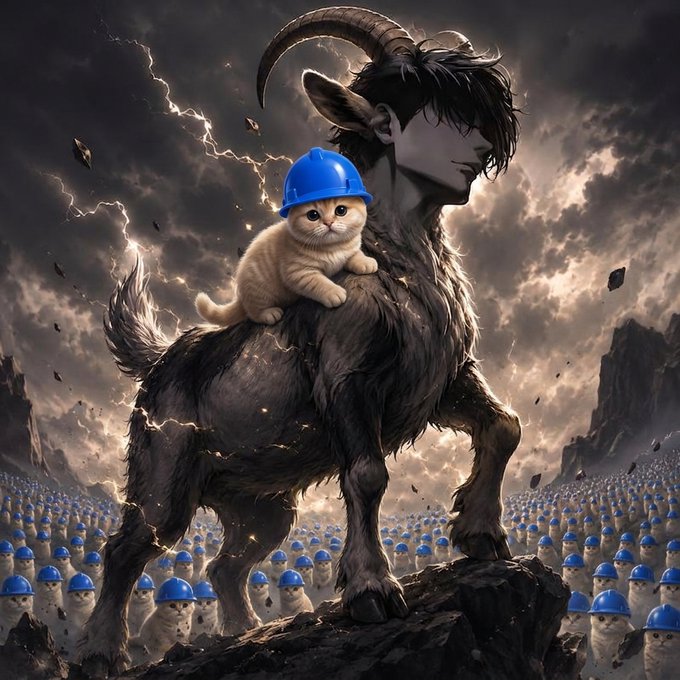A dark, majestic goat with glowing horns towers over a vast army of helmet-wearing kittens against a stormy, lightning-filled sky, while a single victorious kitten in a blue helmet rides atop the beast—mirroring the post's bullish sentiment about $BASECAT rising to a $100M valuation and dominating exchanges like Coinbase, Upbit, and Bithumb.