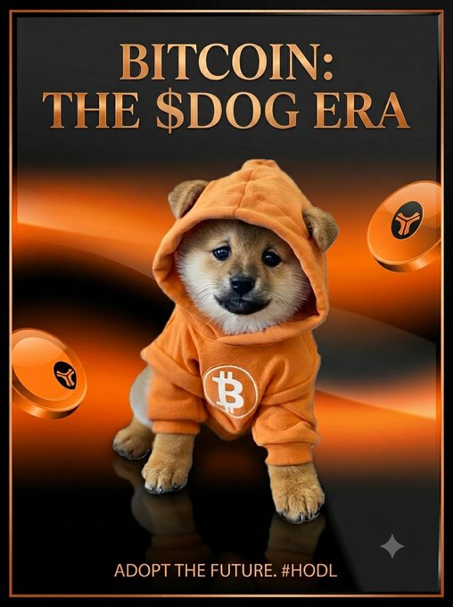 The image features a small dog wearing an orange hoodie, sitting or standing next to a black background with orange lines. Below the dog's head, there are three coins scattered around the image. The caption of the image reads "BITCOIN: THE SODOG ERA" and "Adopt the future #hodl".