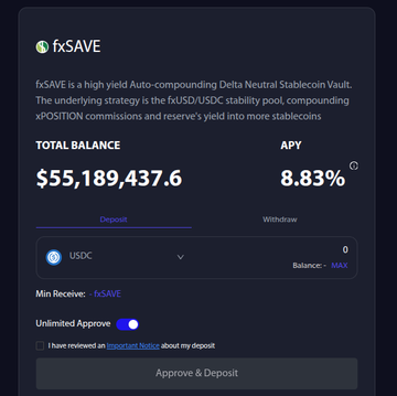The image shows the fxSAVE interface, a high-yield auto-compounding Delta Neutral Stablecoin Vault with a total balance of $55,189,437.6 and an 8.83% APY, where users can deposit USDC to earn yields. This relates to the post by highlighting the earning potential available through the Protocol FX platform beyond simply holding $FXN tokens.