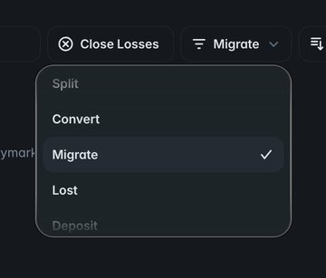 The image shows a dropdown menu from a prediction market interface, with "Migrate" selected from options including Split, Convert, Lost, and Deposit. This relates to the post's question about Polymarket potentially migrating to its own chain in 2026, with the dropdown highlighting the "Migrate" outcome being chosen for the prediction.