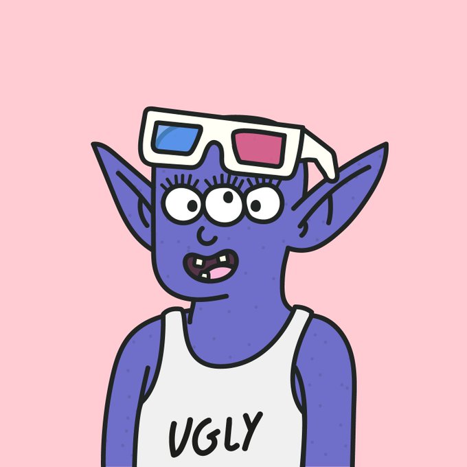 A purple three-eyed alien character wears 3D glasses and a tank top reading "UGLY," fitting the post's theme of Purple Skin grails from the SquigsNFT collection. The cartoon illustration plays on the "ugly" aesthetic while highlighting the rarity of these purple-skinned NFT characters.