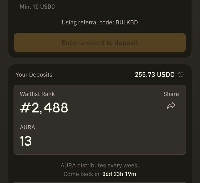 The image shows a screenshot of a mobile app that displays information about a user's deposits, including the amount deposited (255.73 USDC) and the user's rank among other users who have deposited money into this account. The app also provides details on the weekly distribution of these deposits, with the first week being 13 days after the initial deposit. The post mentions that the app is used for bulk trading and that the user has just started depositing money into their account.