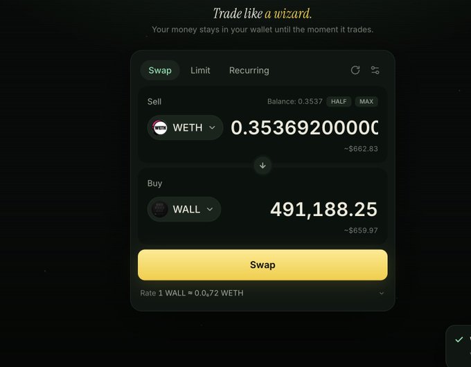 A cryptocurrency swap interface with the tagline 'Trade like a wizard,' showing an exchange of 0.35369200000 WETH for 491,188.25 WALL at a rate of 1 WALL = 0.0,72 WETH.