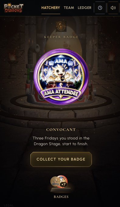 A mobile game screenshot from Pocket Dragons showing a "KEEPER BADGE" for "AMA ATTENDEE" with the text "CONVOCANT: Three Fridays you stood in the Dragon Stage, start to finish."