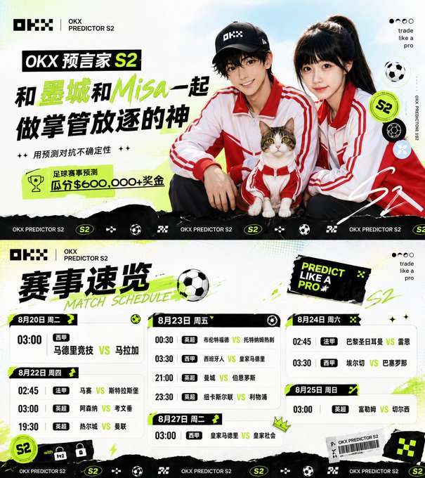 OKX promotional poster featuring a young couple and a cat in sportswear for 'OKX PREDICTOR S2' football match predictions with celebrities 曼城 (Manchester City) and Misa, offering a $600,000+ prize pool, along with a match schedule for August 20-27.