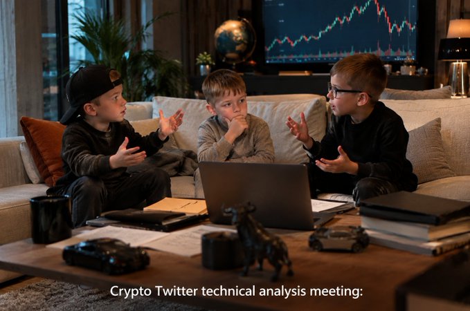 A meme captioned 'Crypto Twitter technical analysis meeting:' showing three young boys in animated discussion around a laptop with a stock chart on a TV in the background.