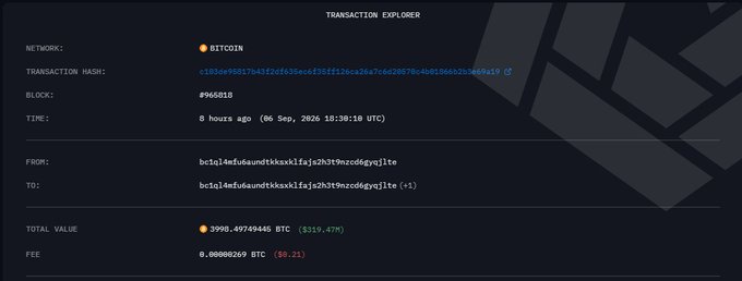 A dark-themed cryptocurrency transaction explorer page showing a Bitcoin transaction of 3908.49749465 BTC ($319.47M) sent from one address to itself (+1).