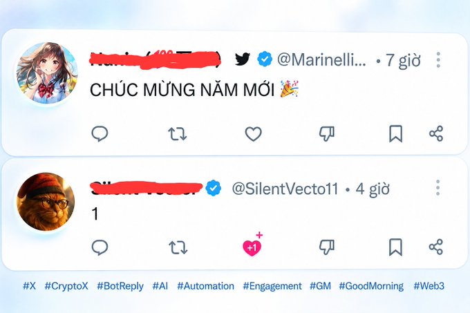 A screenshot of a Twitter thread showing automated bot replies gone wrong, where one user posted "CHÚC MỪNG NĂM MỚI" (Happy New Year) and another replied just "1", both appearing as shallow bot-generated responses despite hashtags like #GM and #GoodMorning suggesting a morning greeting theme.
