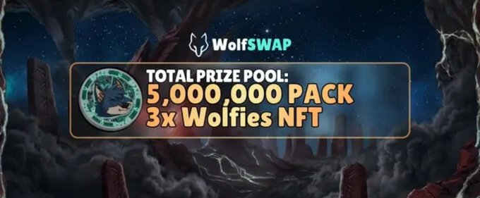A WolfSWAP promotional banner advertising a total prize pool of 5,000,000 PACK and 3x Wolfies NFT, featuring a pixelated wolf coin against a cosmic background.