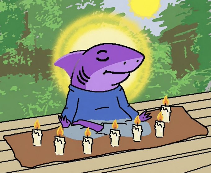 The image presents a cartoon depiction of a purple shark meditating next to a table laden with nine lit candles, which appear to be casting light onto the shark's face as if mimicking the sun's position in the sky. The scene is accompanied by text that reads "manifest with me: mon to $1 and all my bags to get the moon simple as that". This image seems to be a humorous take on the concept of manifestation and using objects like bags and money, combined with a cartoon shark representing the idea of peace and relaxation.