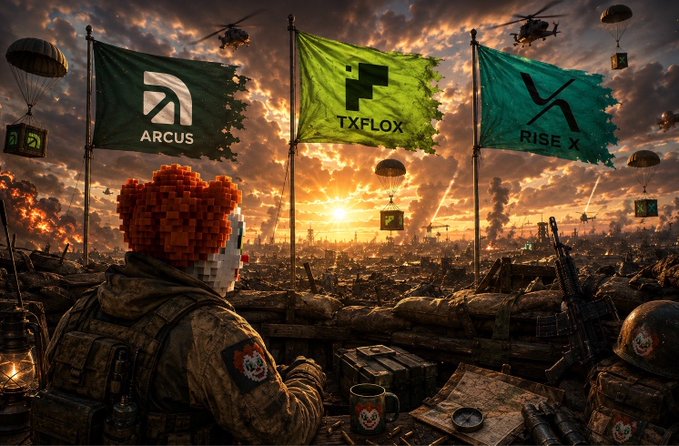 A soldier with a pixelated red hair and skull patch overlooks a war-torn battlefield at sunset, with three prominent flags displaying "ARCUS," "TXFLOX," and "RISE X" being air-dropped alongside supply crates from helicopters. The imagery of an airdrop and battlefield victory symbolizes the "TOP airdrop" potential of these three prioritized protocols mentioned in the post, with the emerging dawn suggesting a bright future for these projects.