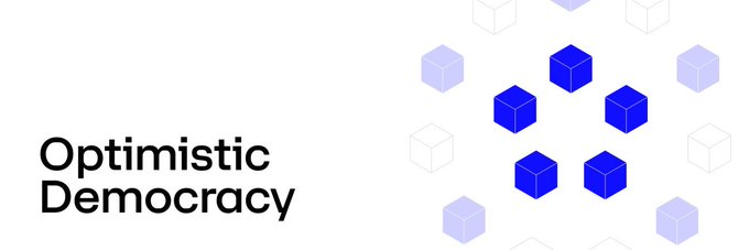 A logo graphic for 'Optimistic Democracy' featuring blue and light blue 3D cubes on the right side.