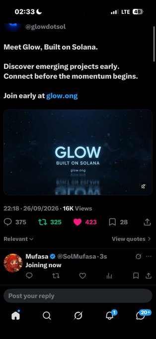 A mobile screenshot of a social media post from account '@glowdotsol' promoting 'GLOW BUILT ON SOLANA', with text reading 'Meet Glow, Built on Solana' and 'Discover emerging projects early' alongside engagement metrics.