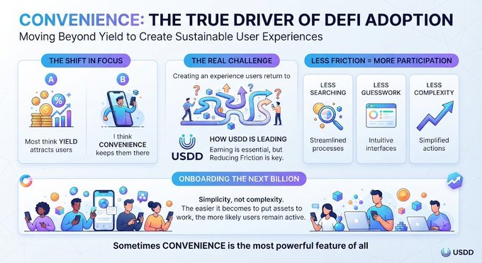 This infographic from USDD argues that convenience—not yield—is the true driver of DeFi adoption, emphasizing that reducing friction through streamlined processes, intuitive interfaces, and simplified actions is key to onboarding the next billion users and creating sustainable user experiences.