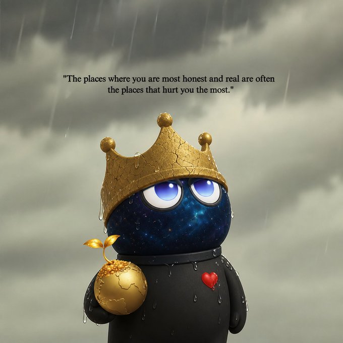 A digital illustration depicts a small black character with a starry galaxy-patterned head wearing a cracked golden crown, holding a golden orb with a sprout, set against a rainy, overcast sky. Text reads: "The places where you are most honest and real are often the places that hurt you the most."