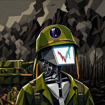 A soldier-like robot character with a green military helmet and a TV-screen head displaying red and green trading chart lines stands against a dark, jagged mountain backdrop, with another camouflaged figure and vehicle visible in the background. The image visually represents the Mavanoids collection, tying the war-ready aesthetic to the post's discussion of the upcoming PFP NFT launch within the Mavericks DAO ecosystem.
