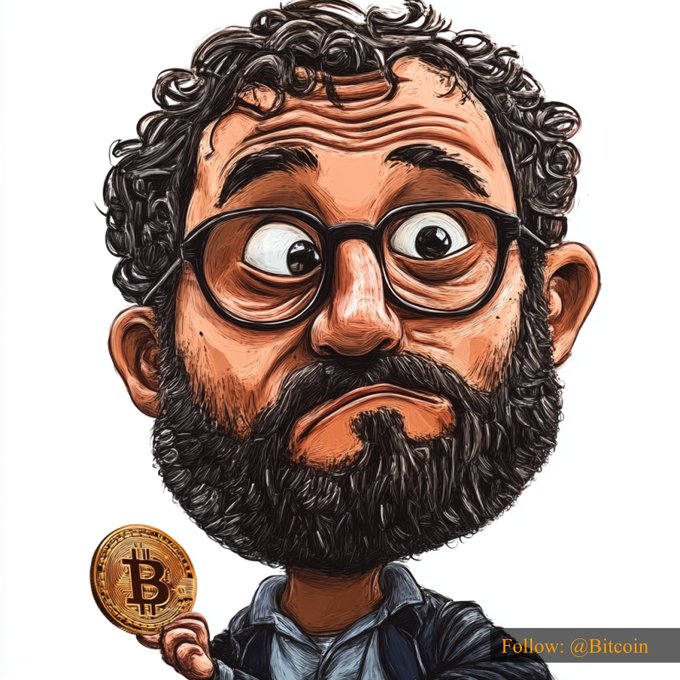 A cartoon caricature of a bearded man with glasses holding a Bitcoin coin is shown, with text reading "Follow: @Bitcoin" in the corner. The image humorously connects Bitcoin's social media focus on a bearded figure to Nicolas Kokkalis and Pi Network, suggesting "Satoshi" is really him—a pioneer who foresaw Bitcoin's rise.