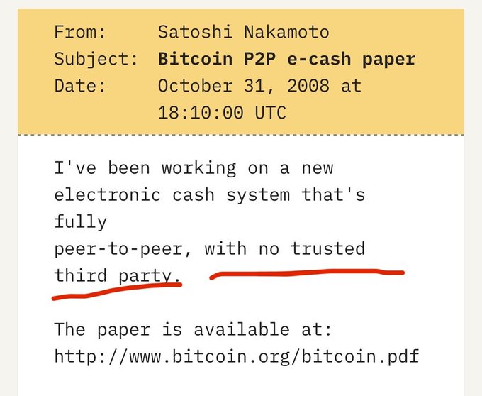 A screenshot of Satoshi Nakamoto's October 31, 2008 email announcing the Bitcoin P2P e-cash paper, with the phrase "no trusted third party" underlined in red to emphasize that Bitcoin was designed to eliminate intermediaries—contrasting with cold wallet vendors that introduce third-party trust.