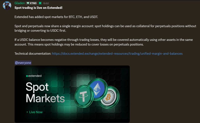 The screen shows a screenshot of a social media post with information about a trading platform named "spot trading" that operates in three different markets (BTC,ETH,USDT). It explains that spot trading can now be done live through these markets, offering users the opportunity to use spot assets as collateral for perp positions. The post also mentions that the platform aims to move towards the endgame and provides details about the Technical Documentation. This content is displayed on a brown screen with a green header.