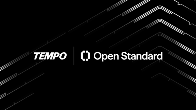 The image displays a black background with diagonal linear accents, featuring the "TEMPO" logo alongside "Open Standard" text and a bracket icon. The graphic serves as a promotional banner announcing that OUSD (Open Standard USD) is launching on the Tempo blockchain platform with native support and ecosystem integration.