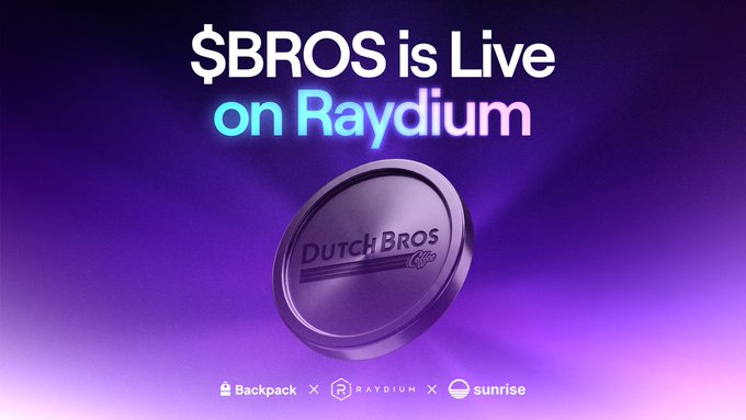 The image promotes "$BROS is Live on Raydium," featuring a purple Dutch Bros coffee token alongside partner logos for Backpack, Raydium, and Sunrise. It plays into the post's joke by presenting $BROS as a serious token launch, while the "stonkfun" comment humorously pairs it with the crass $HOES ticker.
