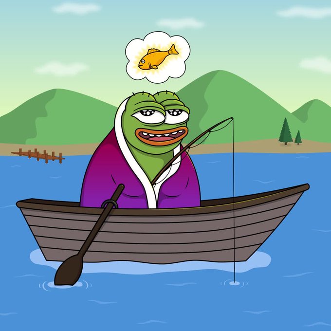 A cartoon illustration of the Pepe the Frog character sitting in a wooden rowboat on a lake, wearing a purple robe and daydreaming about a goldfish, with a fishing line cast into the water and green mountains in the background.