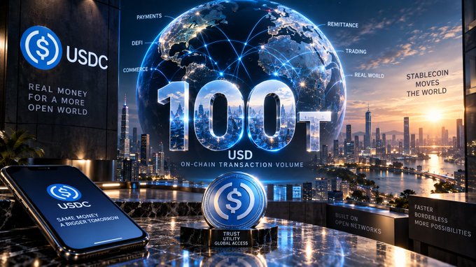 The image showcases a celebratory USDC milestone graphic displaying "100T USD ON-CHAIN TRANSACTION VOLUME" against a glowing globe backdrop, with surrounding text including "REAL MONEY FOR A MORE OPEN WORLD," "STABLECOIN MOVES THE WORLD," "PAYMENTS," "REMITTANCE," "DEFI," "TRADING," and "COMMERCE," alongside a smartphone and physical USDC coin. This visual reinforces the post's announcement of USDC surpassing $100 trillion in cumulative on-chain transaction volume since launch, with Q2 alone reaching $14.8 trillion—a 151% year-over-year increase—highlighting stablecoin's growing role in global finance.
