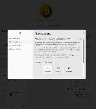 A screenshot of a cryptocurrency wallet interface showing transaction settings with 'Allow wallets to mutate transactions' toggled off and 'Lifetime: 3 minutes' displayed.