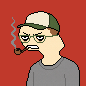 A simple cartoon drawing of a man wearing a cap and smoking a pipe with an angry expression on a red background.