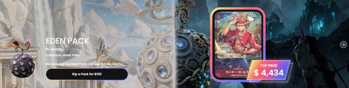 Promotional graphic for an 'Eden Pack' NFT collection by rarcities, showing a 'Rip a Pack for $150' option alongside an anime-style character card with a top price of $4,434.