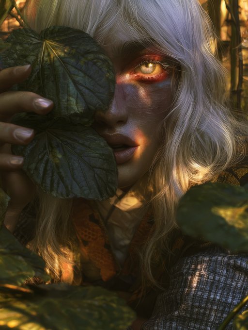 A fantasy-style portrait of a pale, blonde-haired woman with striking golden eyes and reddish makeup, holding large green leaves in front of her face while standing in a forest setting.