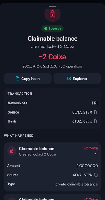 A transaction confirmation screen displays a successful claimable balance creation of -2 Coixa (shown in red) on a testnet, dated 2026.9.24. The transaction details reveal a network fee of 1 Pi, 50 total operations, and a transaction type labeled "create claimable balance" from source GCN7...SI7M with hash df32...c9bc.

This image visually supports the post's claim about COIXA token activity on Pi Testnet, specifically showing the on-chain evidence of a 2 COIXA claimable balance being created as part of a larger 50-operation transaction, indicating broader token distribution testing.