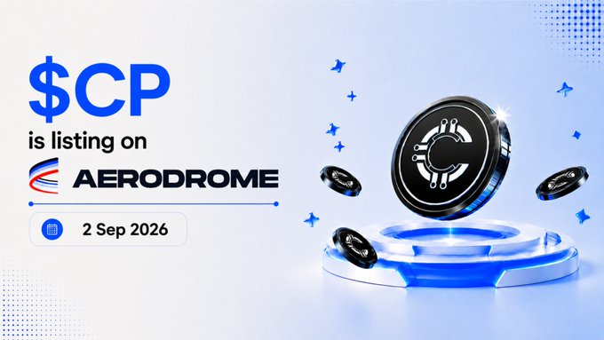 The image announces that $CP is listing on Aerodrome, with a date of 2 Sep 2026 displayed alongside a calendar icon and a 3D rendering of crypto coins featuring a captain's hat emblem, fitting the post's nautical "landing" theme.
