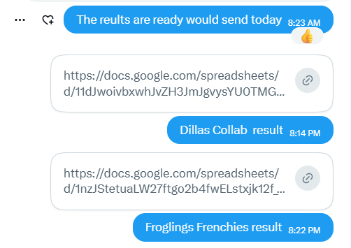 A text message conversation showing messages about results being ready and links to Google Spreadsheets labeled 'Dillas Collab result' and 'Froglings Frenchies result'.