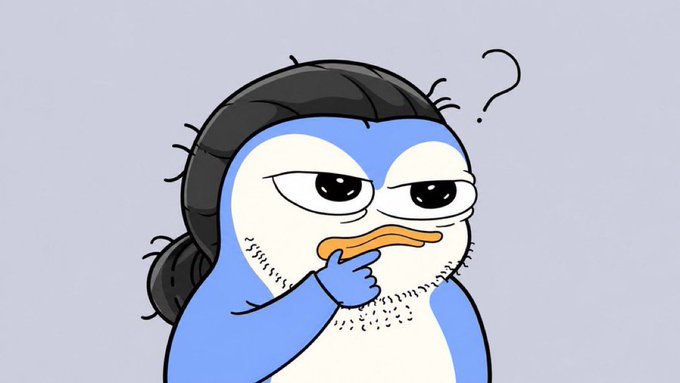 A cartoon penguin with a messy hairnet and stubble looks confused with a question mark above its head while pointing to its beak.