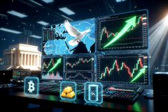 A trading setup with multiple monitors displaying cryptocurrency charts and Bitcoin logos, showing an upward-trending price chart with a bull graphic.