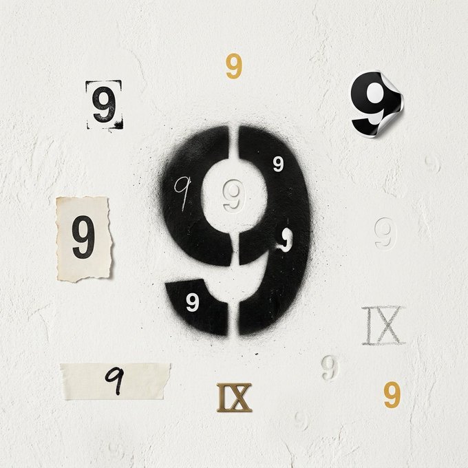 The image displays a creative collage featuring multiple stylized versions of the number 9, including stenciled, torn paper, spray-painted, handwritten, gold metallic, and Roman numeral (IX) forms, all arranged on a textured white wall. This visual directly supports the post's challenge asking followers to count every variation of "9" hidden within the artwork as part of a Binance giveaway contest.