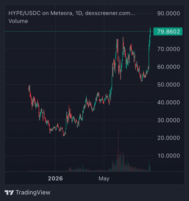 The chart shows the HYPE/USDC trading pair on Meteora (1D timeframe, from dexscreener.com), with price climbing dramatically from lows around $20 in early 2026 to a current value of 79.8602, illustrating the strong upward momentum referenced in the "Picasso" call.